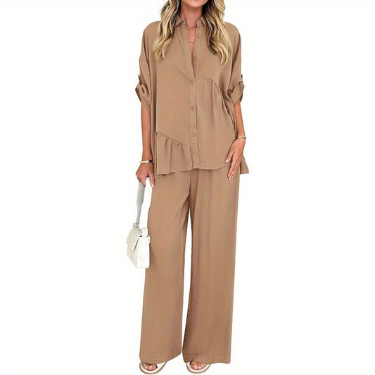 KIRUNDO Two Piece Sets for Women Summer Outfits 2025 Dressy Casual Half Sleeve Button Down Shirt Wide Leg Pants Lounge Set