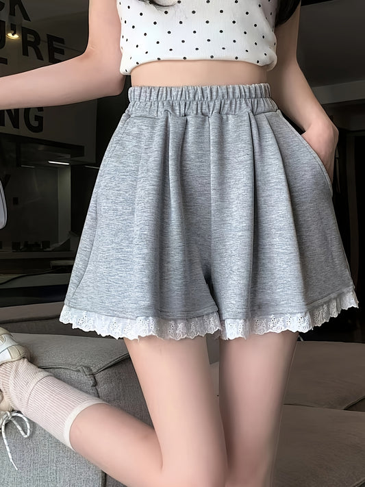 New Stylish Contrast Lace Trim Elastic Waist Loose Fit Wide-Leg Shorts for Women - Fashionable, Versatile, and Summer Casual y Style