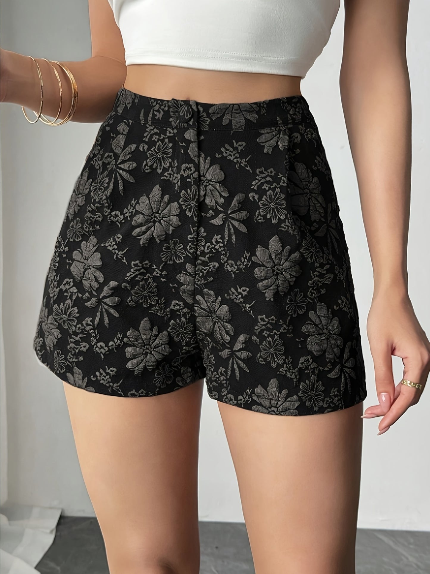 Women'S High-Waisted Black Floral Print Shorts with Pockets - Casual Drawstring Waist, Non-Stretch Fabric, Perfect for Everyday & Casual Attire, Everyday Shorts | Floral Print Shorts | Nonstretch Fabric