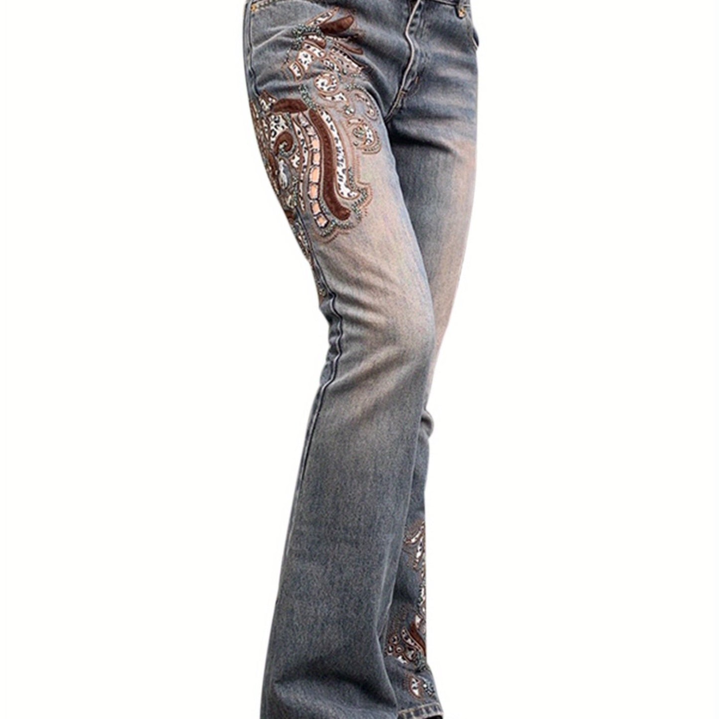 Women's s' Bell Bottom Flared Jeans - 100% Polyester Wide Leg Embroidered Floral Pants, Casual All-Season Trousers with Smooth Texture & Hand Wash Care