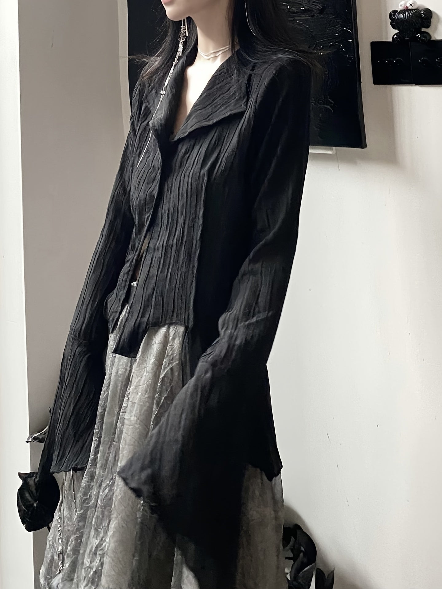 Women's Asymmetrical New Design Long-Sleeve Shirt - Vintage Slim Fit Blouse with V-Neck and Button Details, Versatile for Spring\u002FAutumn Wear, Machine Washable, Stylish & Durable Fabric, Chic Casual Look