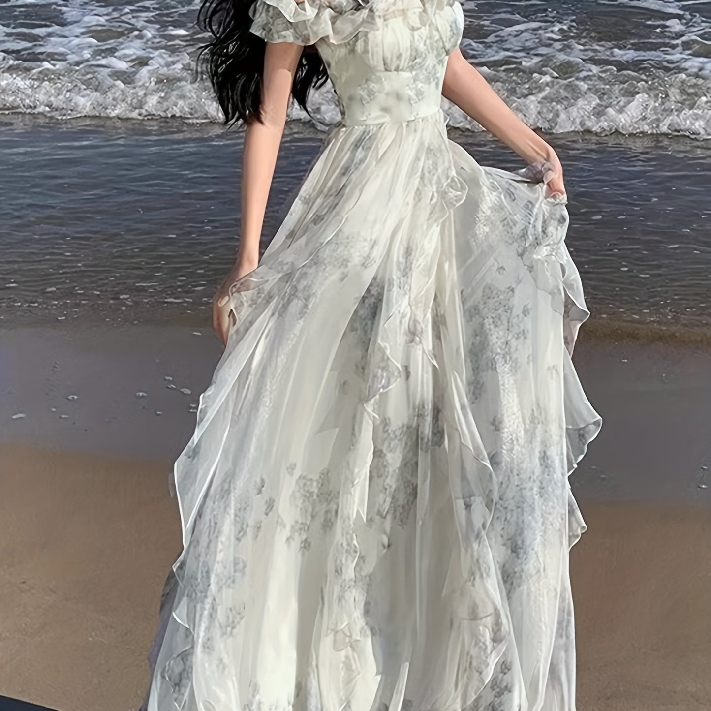 Blue-toned Upgraded Version Off-Shoulder Beach Dress with Ruffle Detail, Floral Print, and Flowy Design for Summer Vacation - Elegant Long A-Line Gown with Cinched Waist, Perfect for Adult Women, Beach Dresses