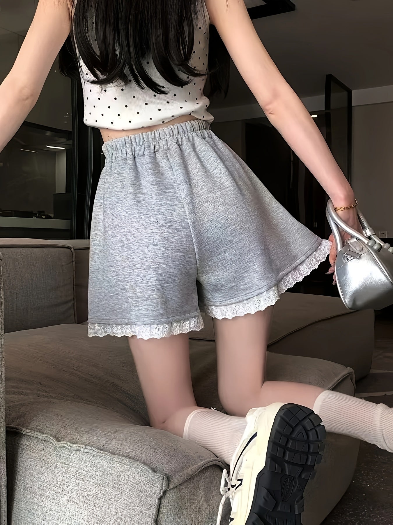 New Stylish Contrast Lace Trim Elastic Waist Loose Fit Wide-Leg Shorts for Women - Fashionable, Versatile, and Summer Casual y Style