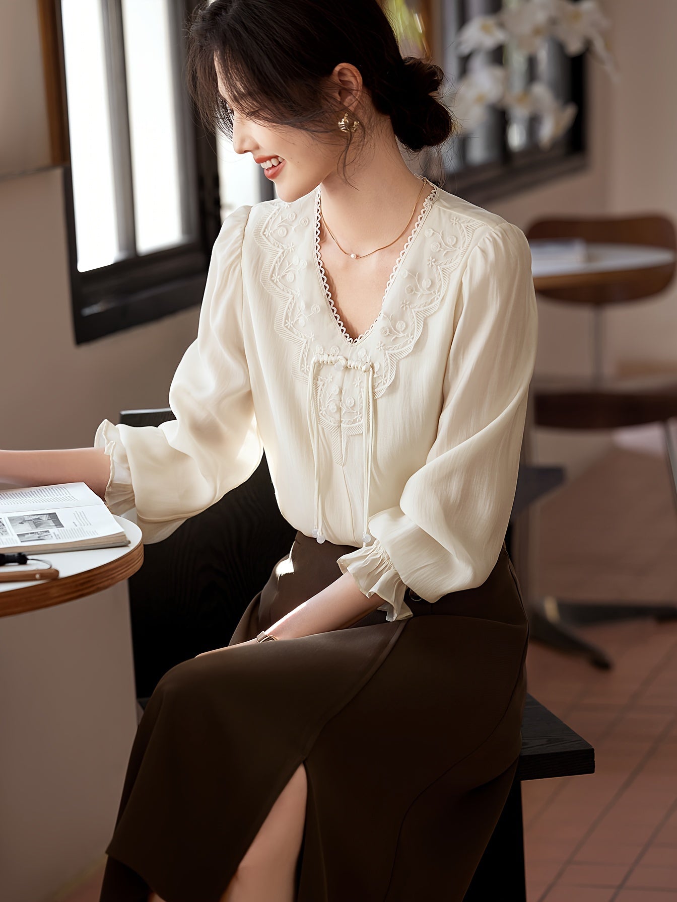 Women's Elegant V-Neck Blouse - Non-Transparent Long Sleeve Shirt, Office & Formal Events - XWI Women's Elegant Shirt for Spring\u002FSummer Everyday & Special Occasions, Special Occasion Top, Intricate Embroidery