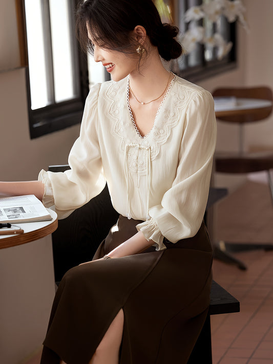 Women's Elegant V-Neck Blouse - Non-Transparent Long Sleeve Shirt, Office & Formal Events - XWI Women's Elegant Shirt for Spring\u002FSummer Everyday & Special Occasions, Special Occasion Top, Intricate Embroidery