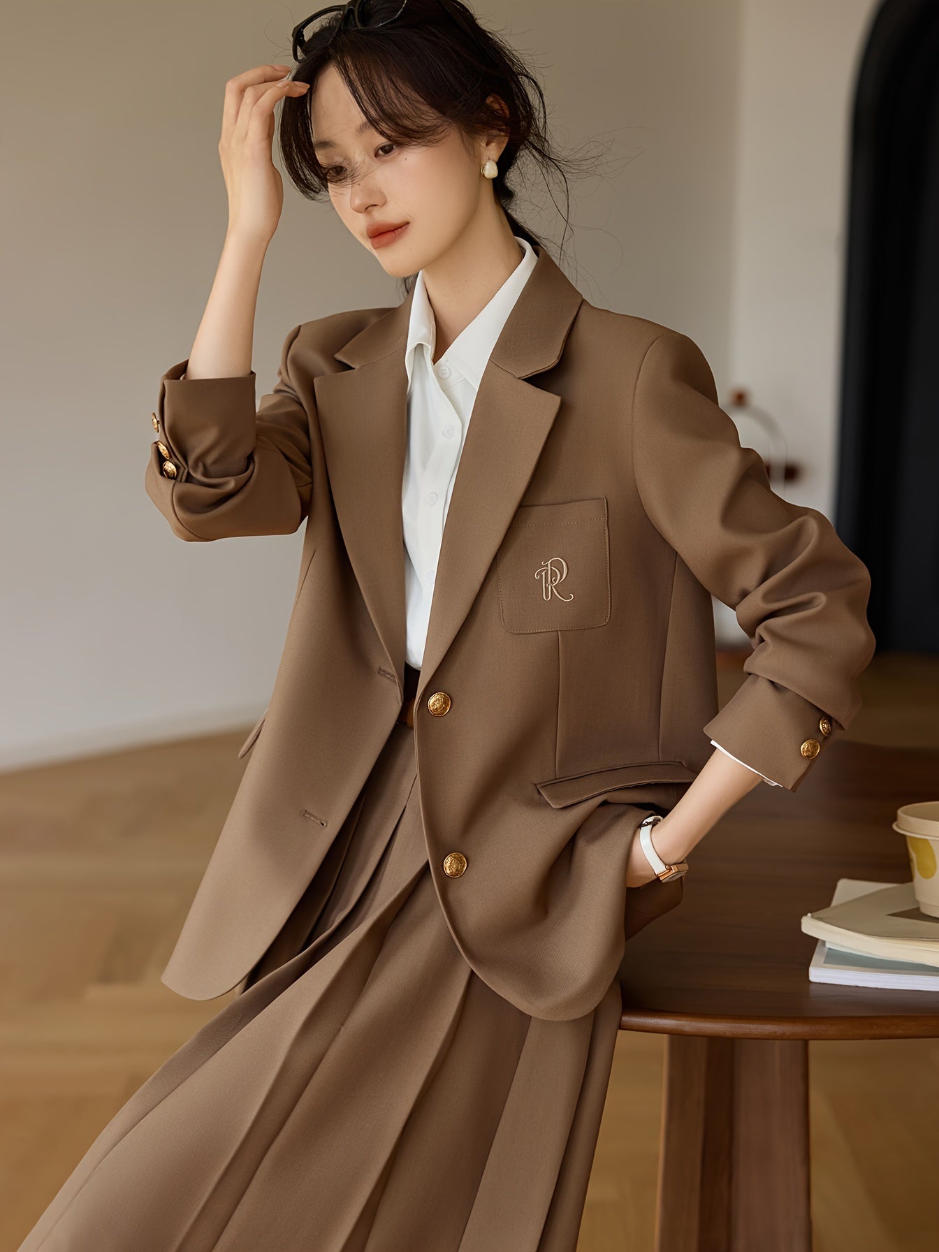 MOHOMO One-Piece Dress Set Spring\u002FAutumn New College Style Jacket Pleated Long Skirt Two-Piece Set for Festive, Vacation, and Daily Commute