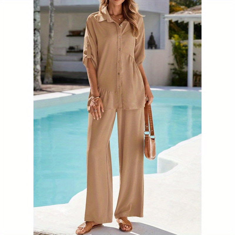 KIRUNDO Two Piece Sets for Women Summer Outfits 2025 Dressy Casual Half Sleeve Button Down Shirt Wide Leg Pants Lounge Set