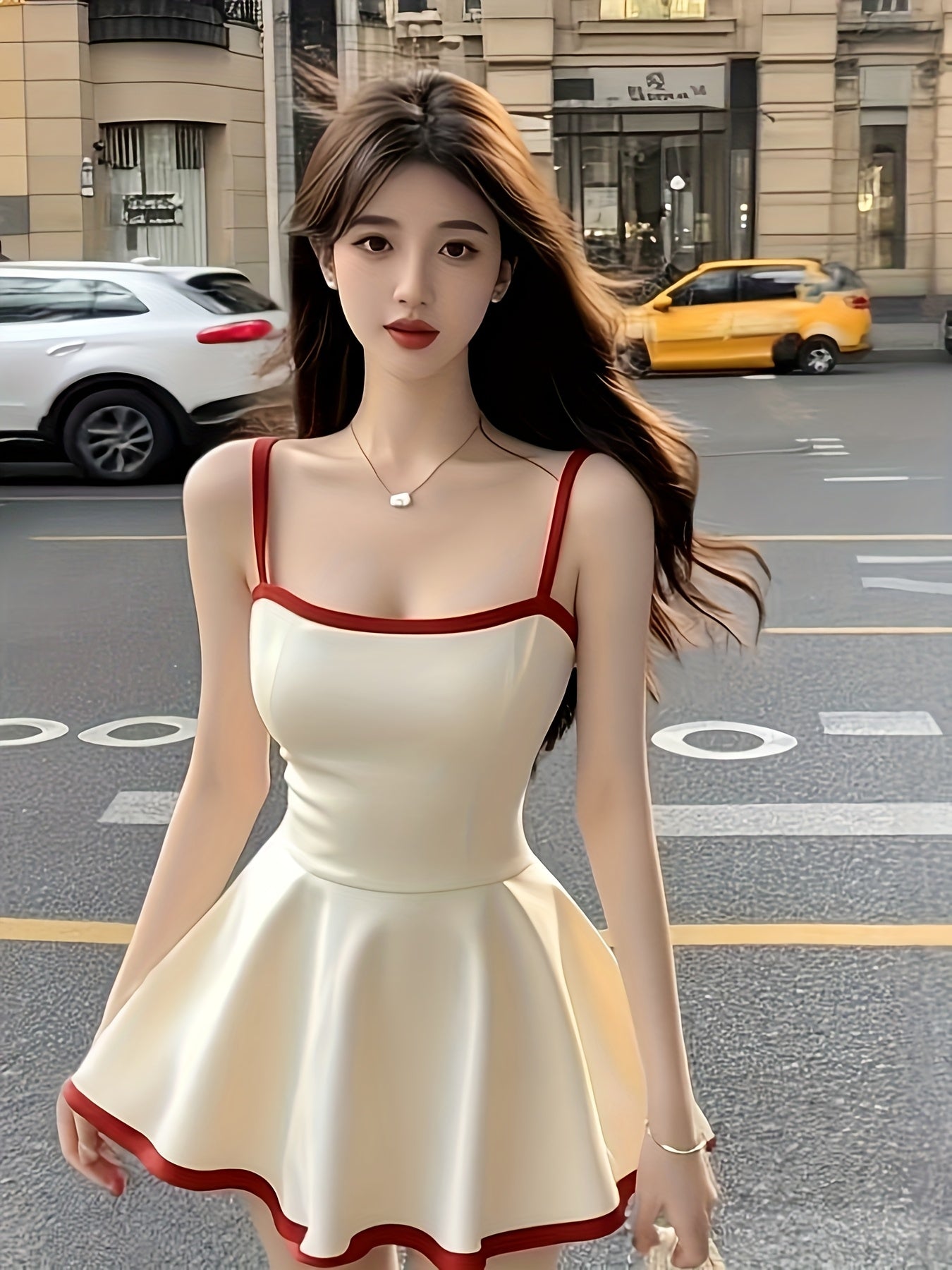 Elegant French-Inspired Color Block Cami Dress - Sleeveless, Backless, Ruffled Hem, Cinched Waist, Summer Chic for Women, White with Red Trim, Polyester Fabric, Cute Dress