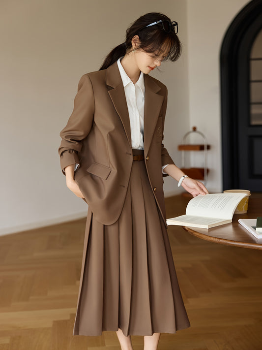 MOHOMO One-Piece Dress Set Spring\u002FAutumn New College Style Jacket Pleated Long Skirt Two-Piece Set for Festive, Vacation, and Daily Commute