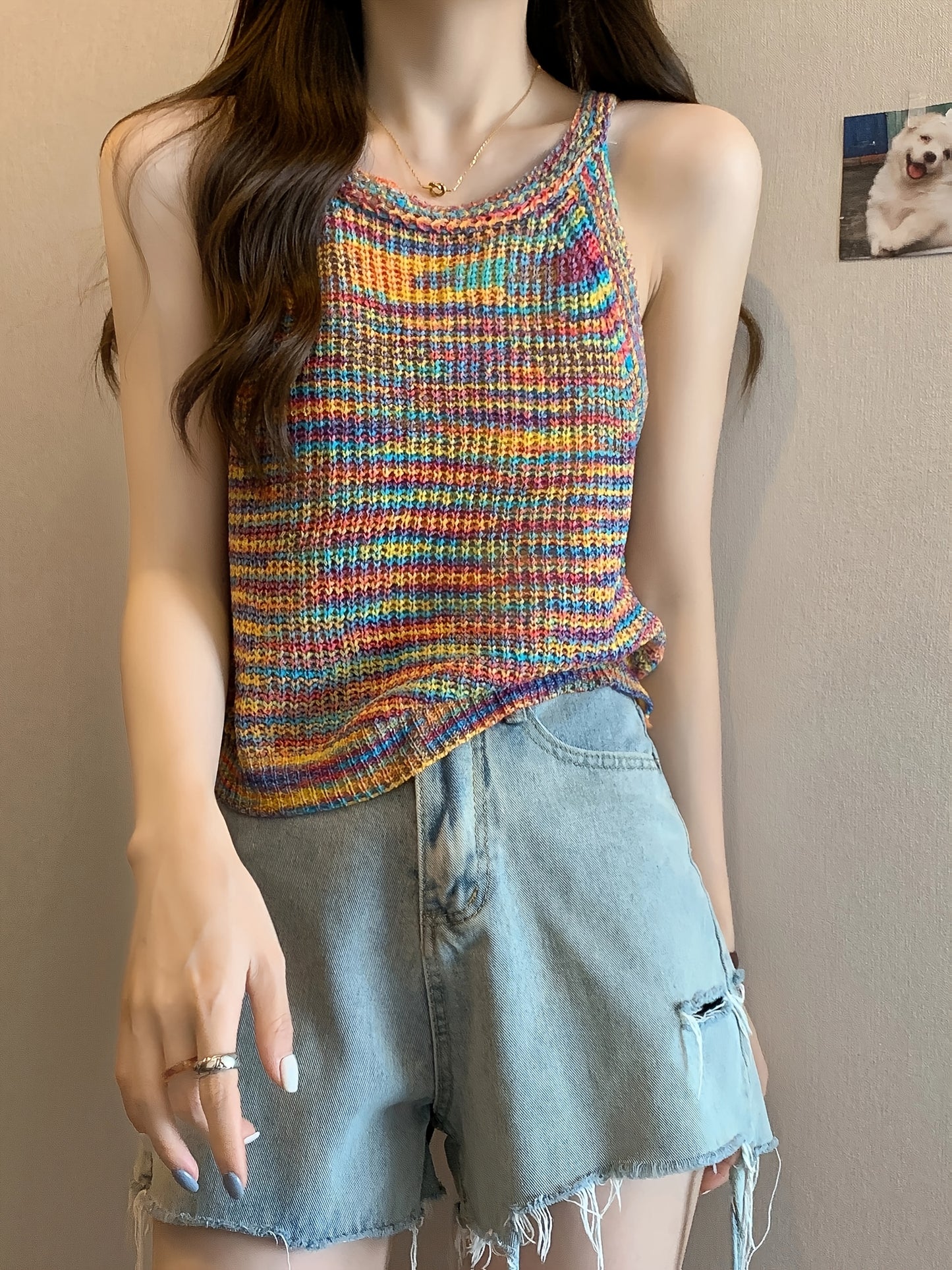 Vibrant Striped Top Vibrant Rainbow Striped Women's Halter Neck Tank Top | Colorful, Stretchy Sleeveless Knit Top for Summer, Spring & Fall, Casual Weekend Wear