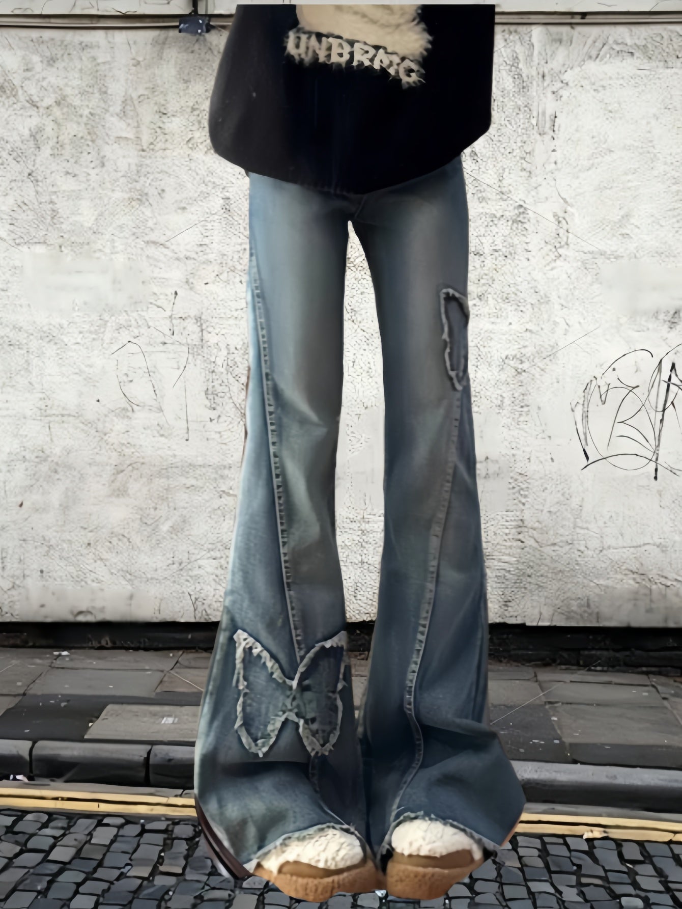 New American retro butterfly embroidered micro-flared jeans Spice high waist fashion versatile elastic slim slim long pants, machine washable