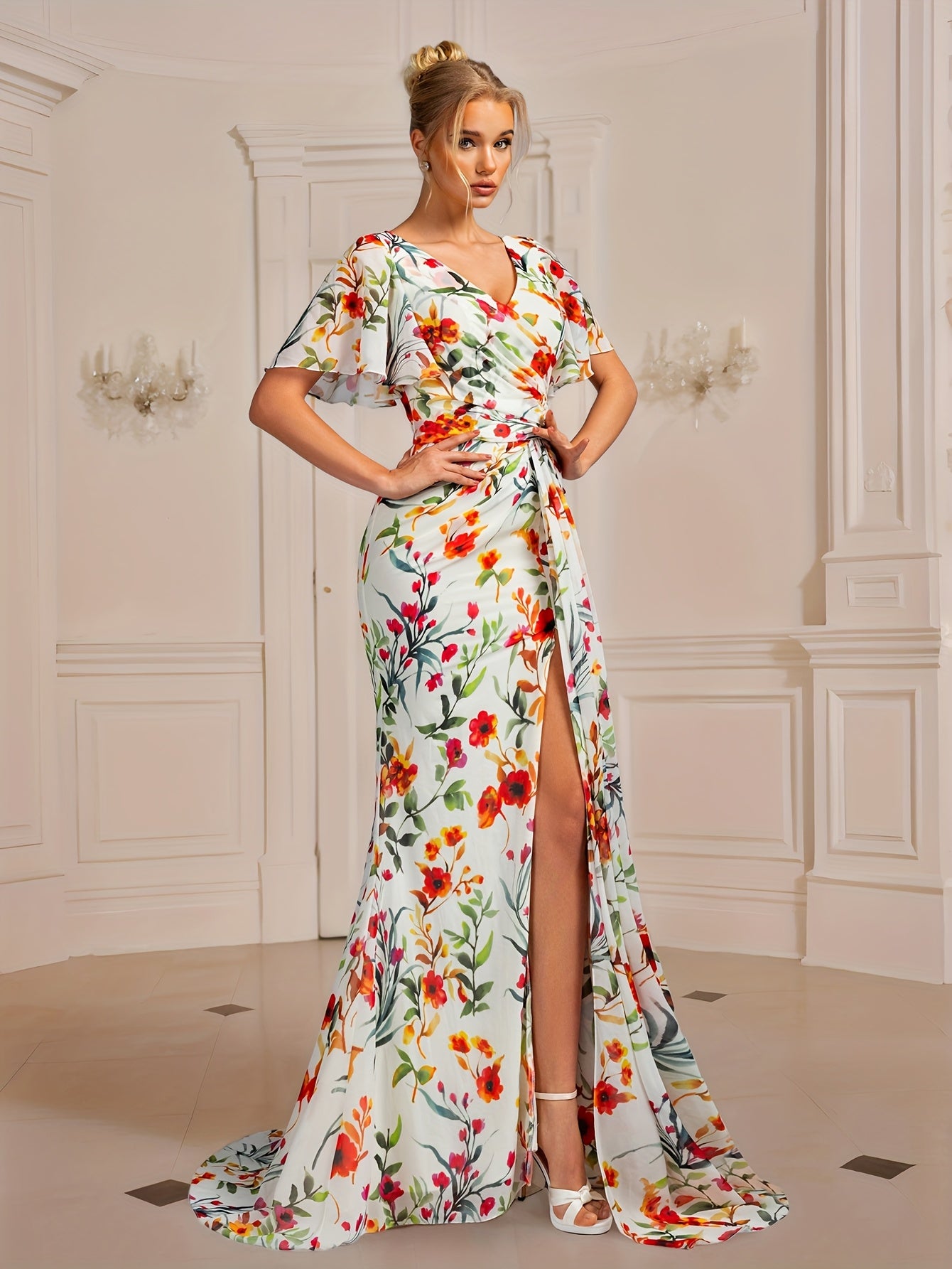 Elegant Floral Print V-Neck Women's Evening Gown with High-Slit Thigh, Ruched Waist & Flowing Tail - Perfect for Parties, Banquets, and Formal Events, Formal Evening Gown, Banquet Attire, Fitted Silhouette, Nontransparent Fabric