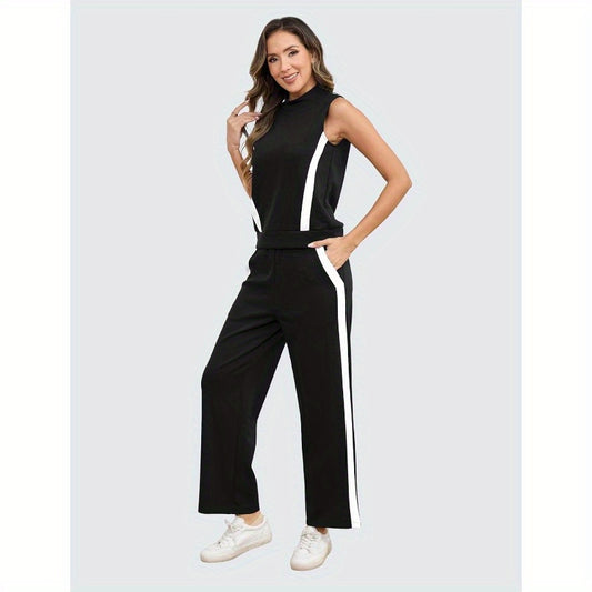 Aokivvy Women'S Summer Two-Piece Sets, Featuring Lounge Outfits with Mock Neck And Wide Leg Pants in Striped Casual Tracksuit Style