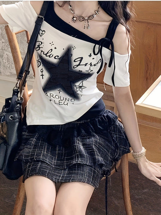 Y2K Women's Star Print Off-Shoulder T-Shirt - Summer Short Sleeve Top with "Badass " Graphic & "Around The Leg" Text, Stretchy Machine-Washable Fabric, Black & White Contrast Design