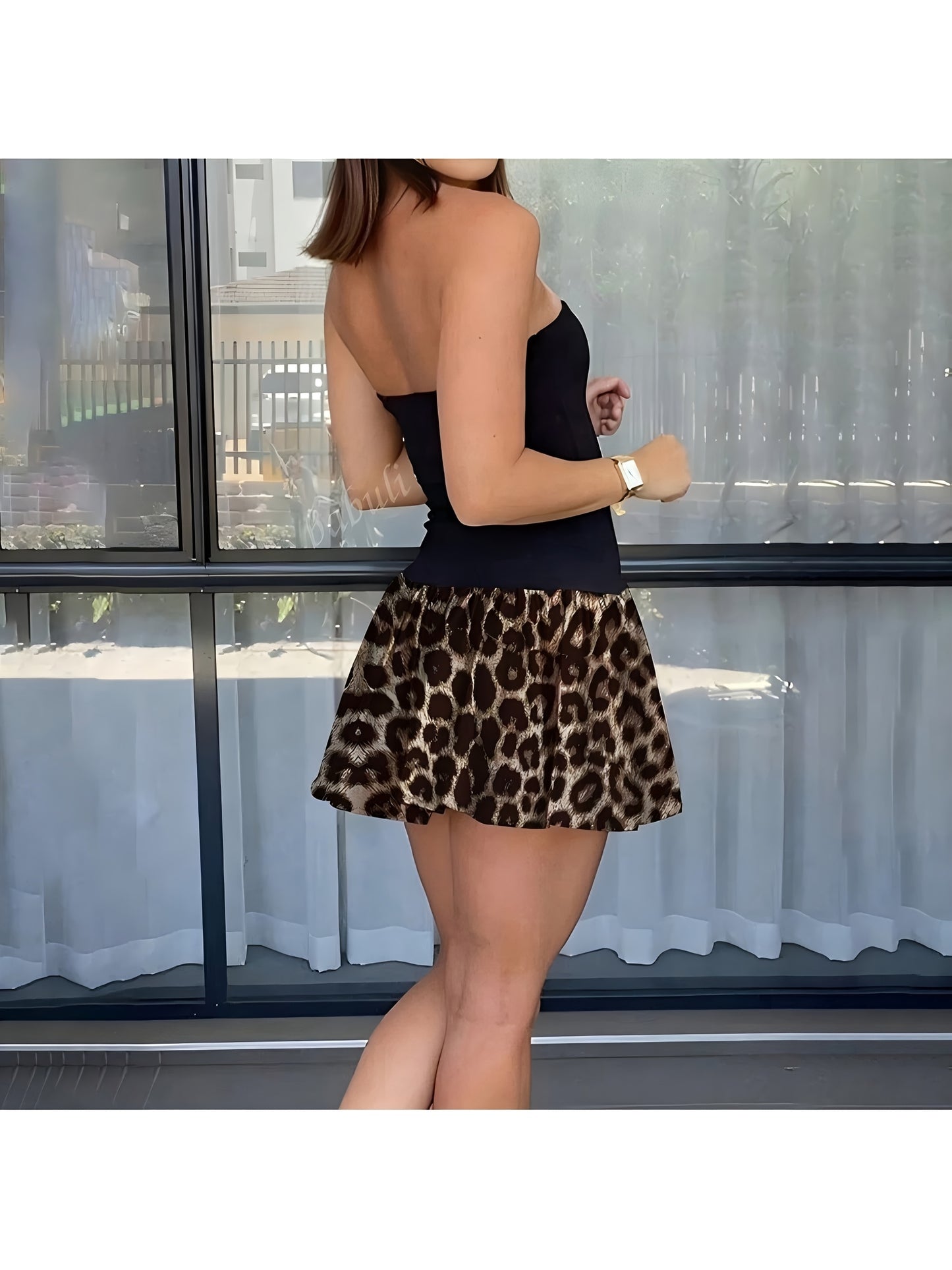 Women's Sleeveless Leopard Print & Black Contrast Color Block Dress - Fitted Top & Flared Skirt, Off-Shoulder\u002FOne-Shoulder Casual Chic Machine Washable All-Season Outfit, Versatile Fashion, Formal Vs Casual Wear