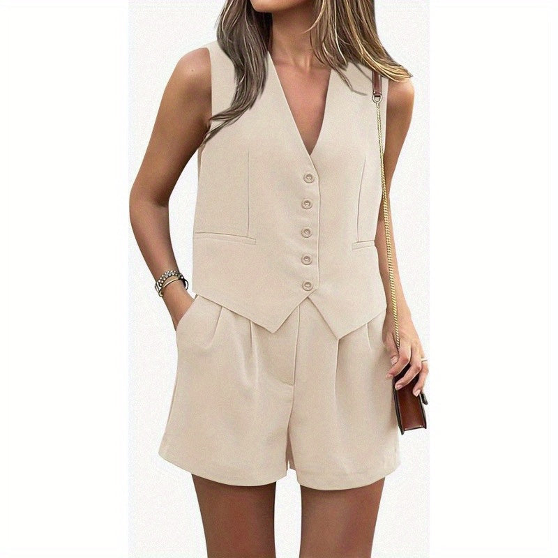 2024 Women'S Summer Two-Piece Outfit Set with V-Neck Sleeveless Button-Up Vest And Shorts for Business Work