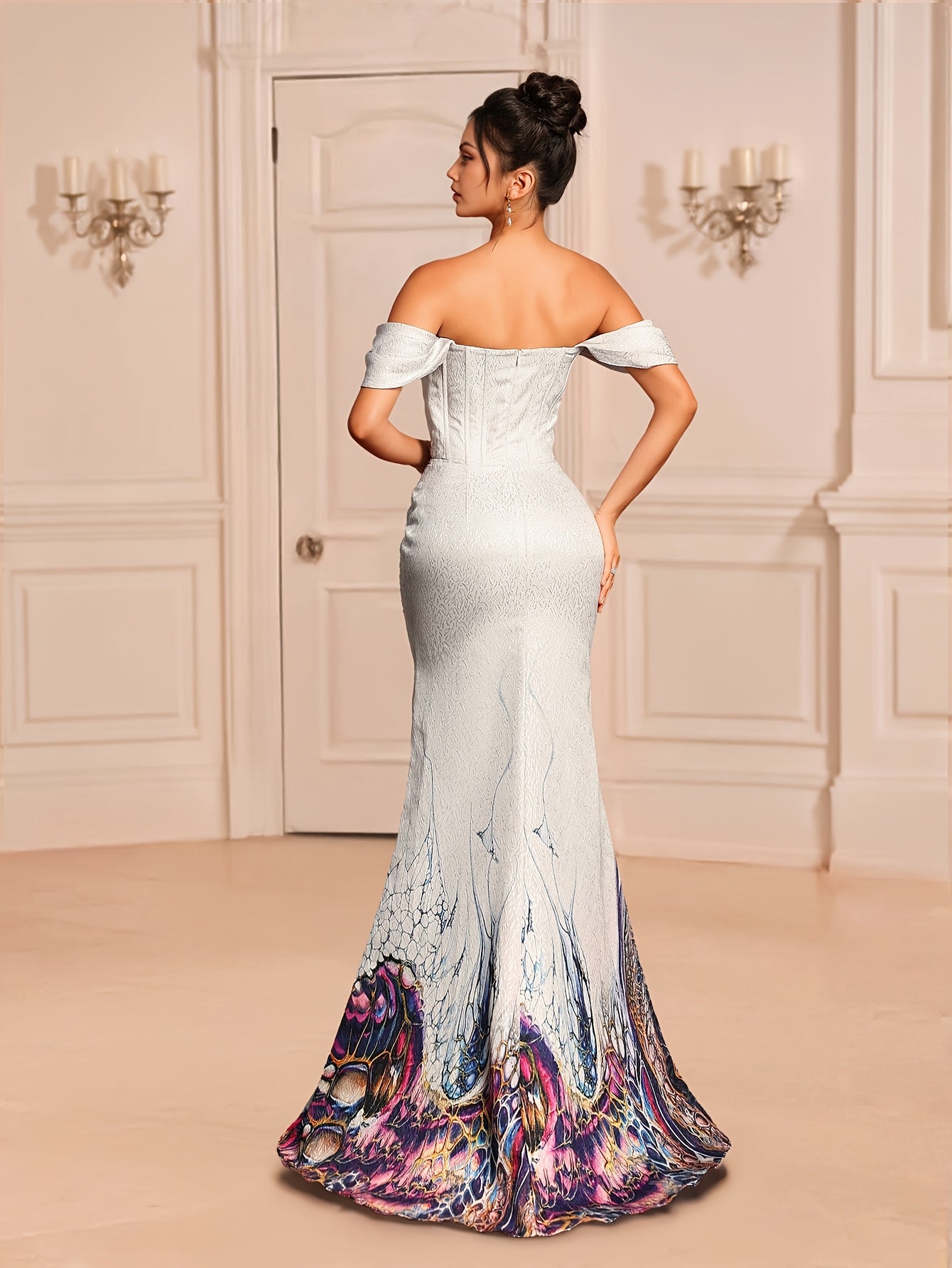 Women's Elegant Off-the-Shoulder Evening Gown with High Slit & Mermaid Silhouette - Long Sleeveless Formal Dress, Fishbone Corset Waist, A-Line Cut for Weddings, Galas & Black-Tie Events, Wedding Guest Attire, Sophisticated Detailing