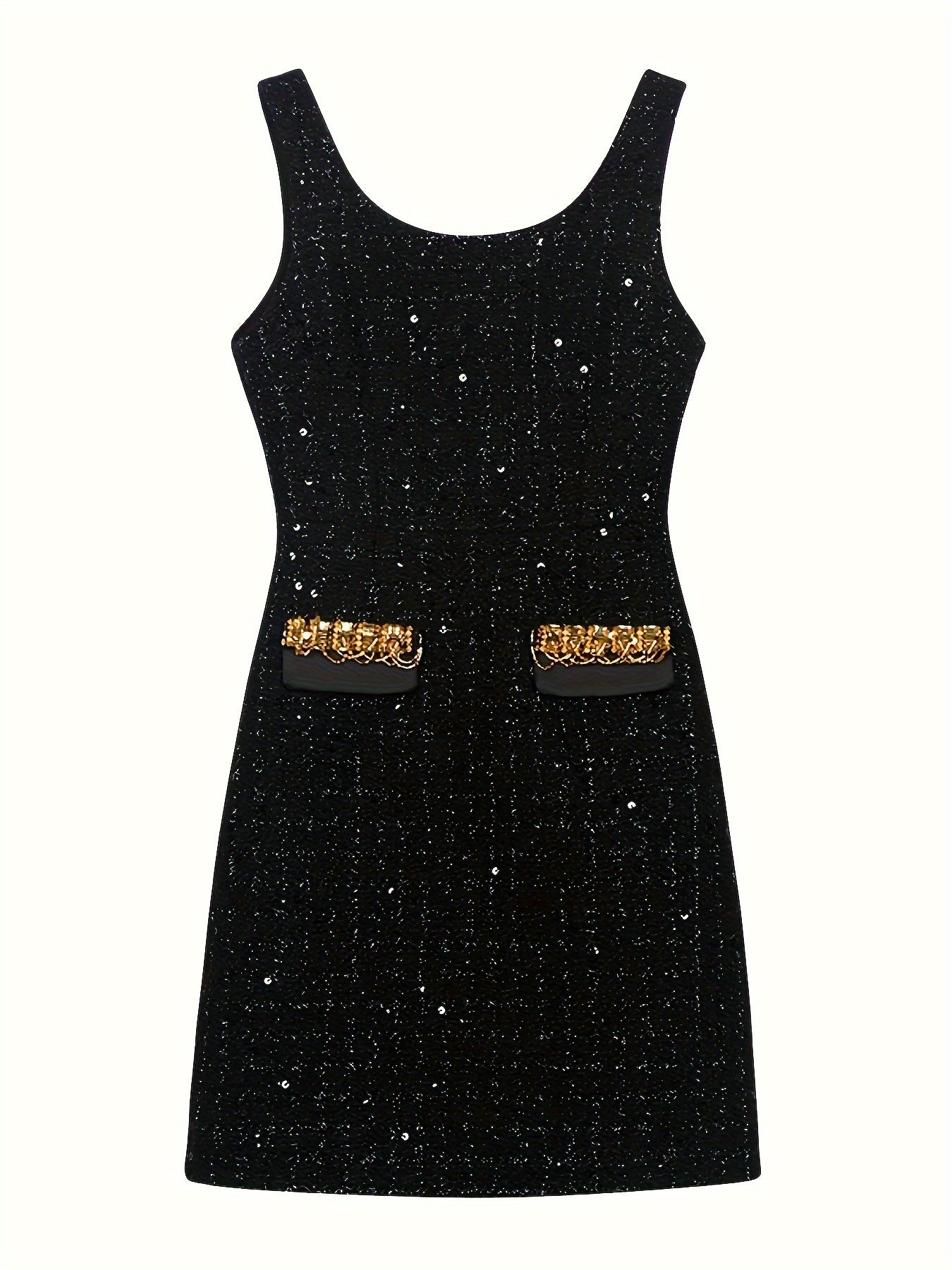 Elegant Black Sequin Two-Piece Set with Golden Accents - Sleeveless Mini Dress & Cropped Jacket, Rhinestone Embellishments, Perfect for Fall\u002FWinter Parties, Winter Party Attire|Sequin Embellished|Rhinestone Details