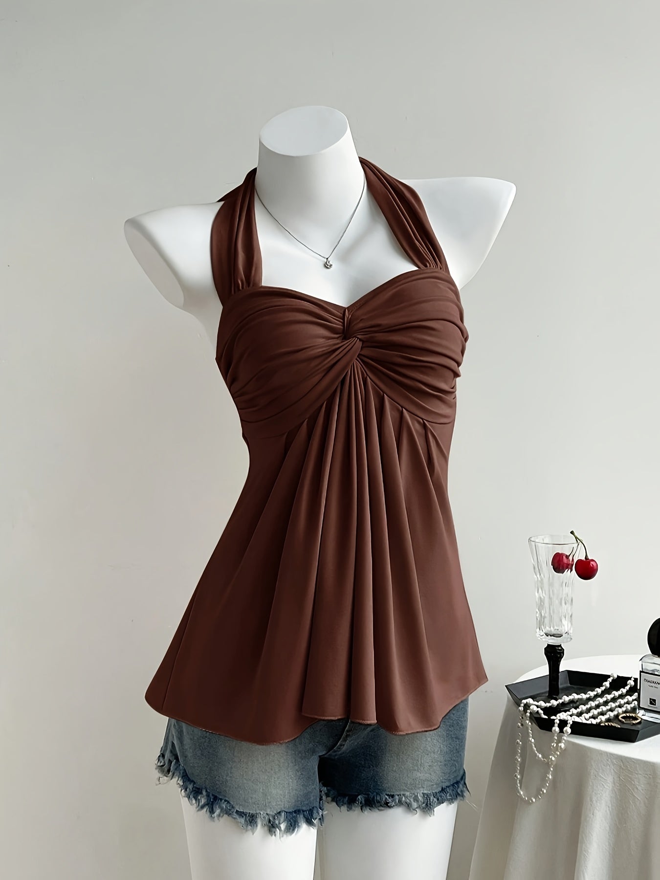 Women'S Peach Color Off-Shoulder Halter Top with Twist Detail - Sexy Backless Design, Solid Color, All-Season Wear, Stylish Halter Top|Trendy Halter Top|Polyester Fabric