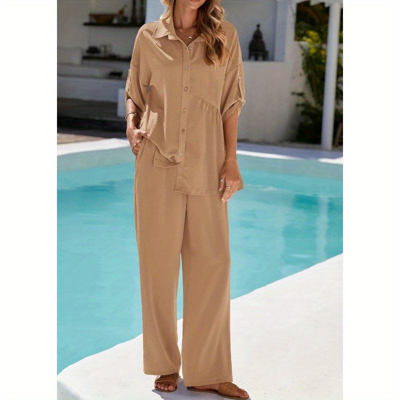 KIRUNDO Two Piece Sets for Women Summer Outfits 2025 Dressy Casual Half Sleeve Button Down Shirt Wide Leg Pants Lounge Set